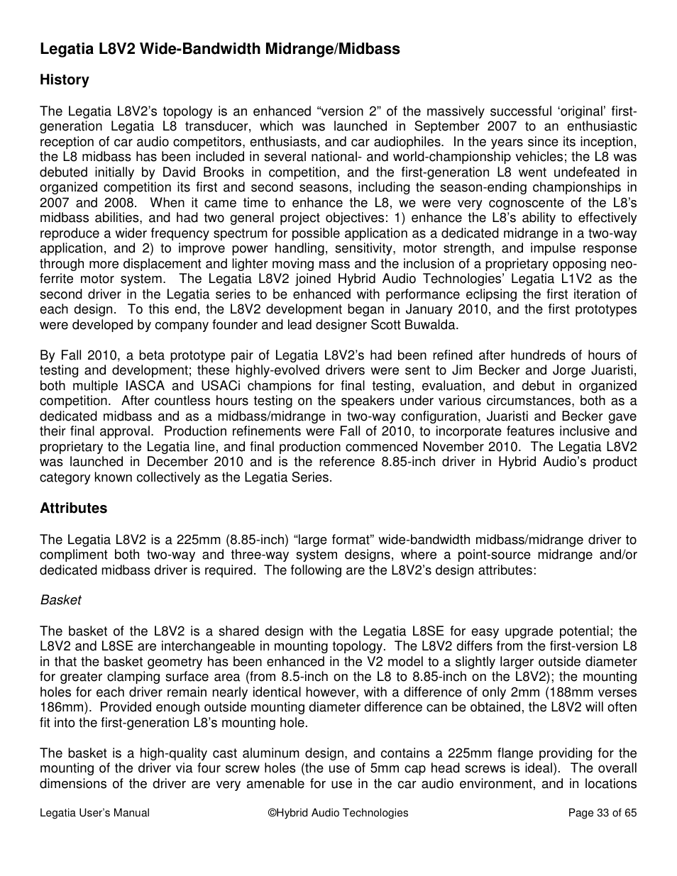 Legatia l8v2 wide-bandwidth midrange/midbass | Hybrid Audio Technologies Legatia User Manual | Page 33 / 65