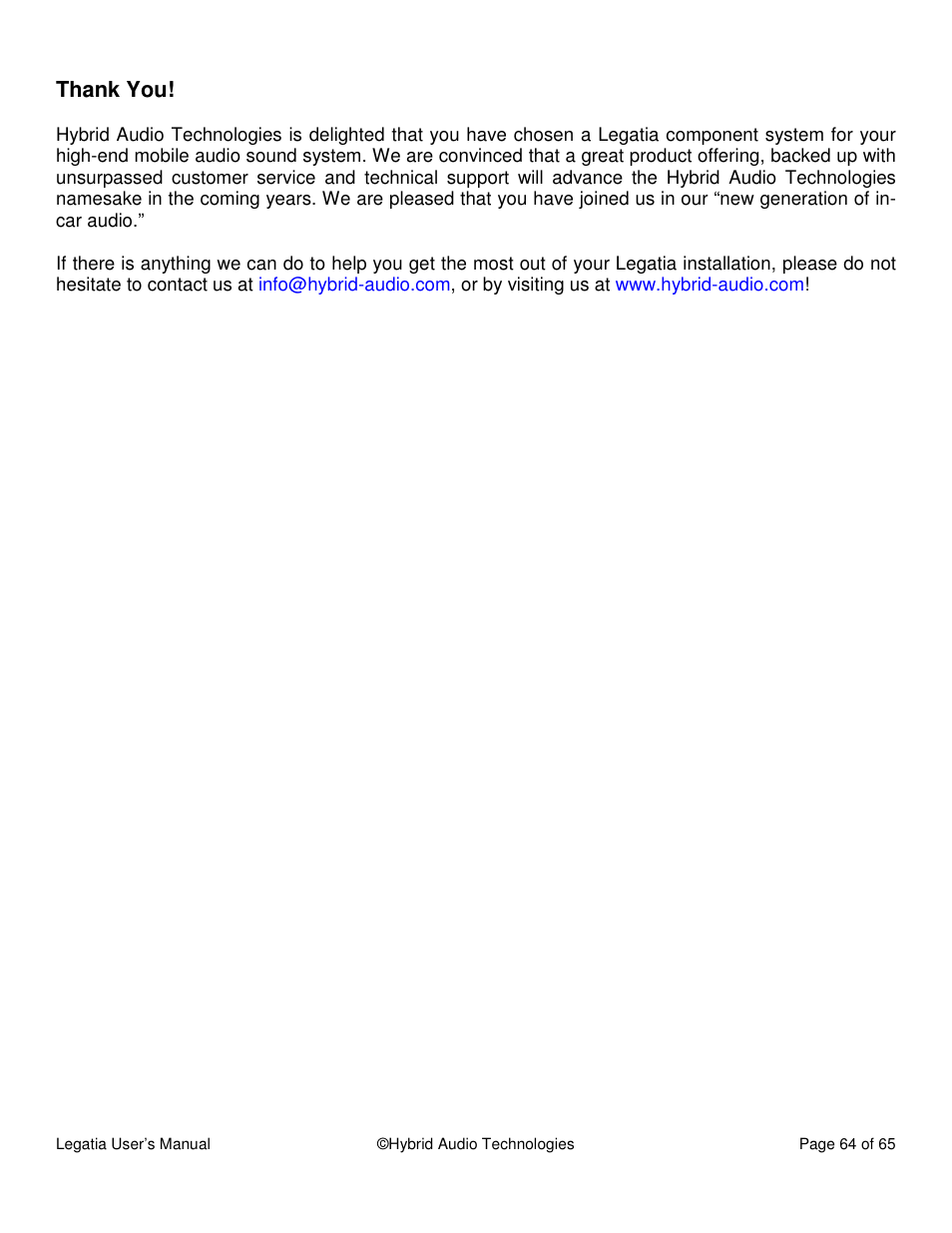 Hybrid Audio Technologies Legatia User Manual | Page 64 / 65