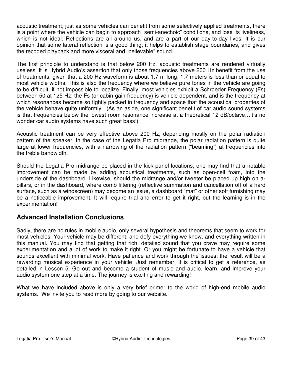 Advanced installation conclusions | Hybrid Audio Technologies Legatia Pro User Manual | Page 39 / 42