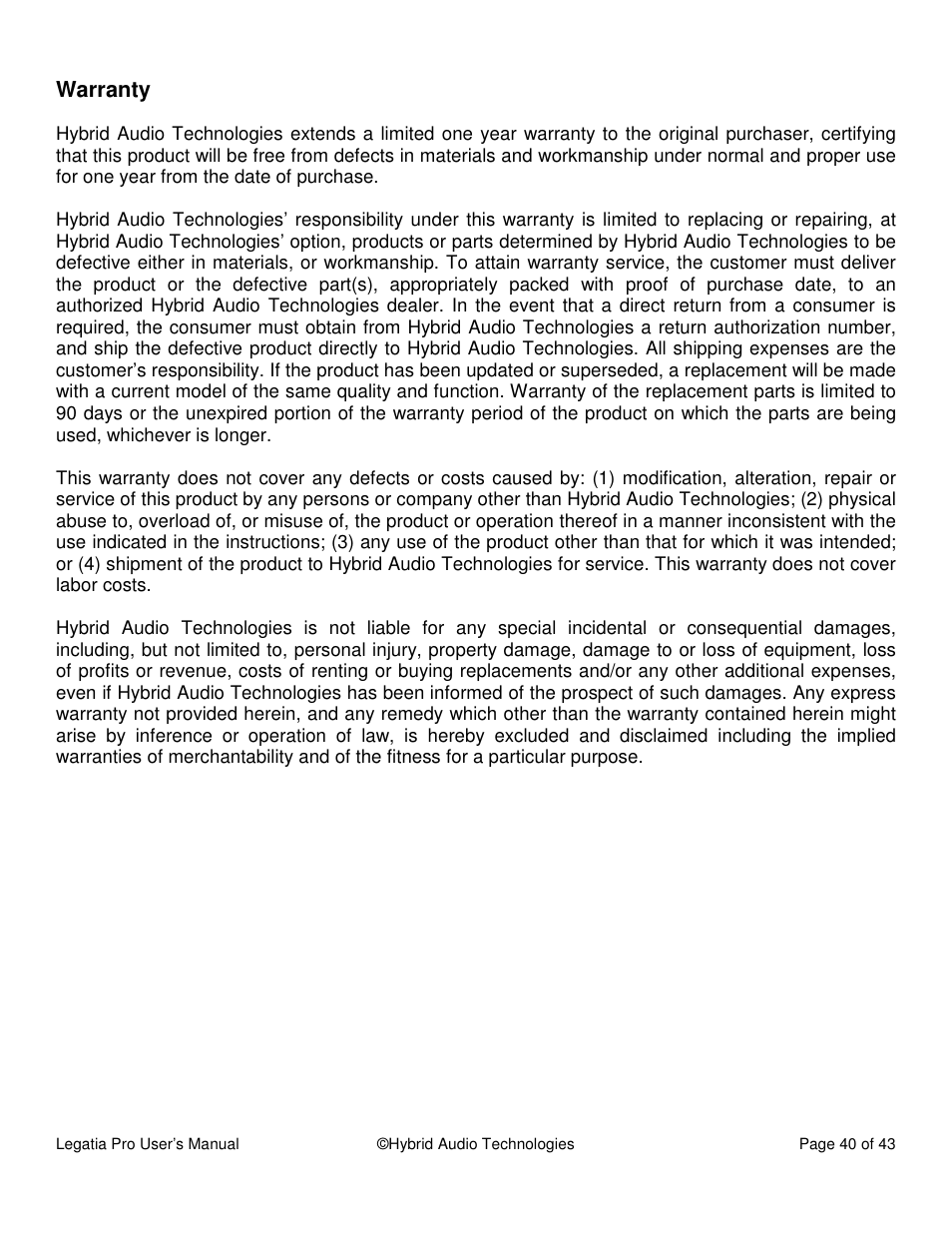 Warranty | Hybrid Audio Technologies Legatia Pro User Manual | Page 40 / 42