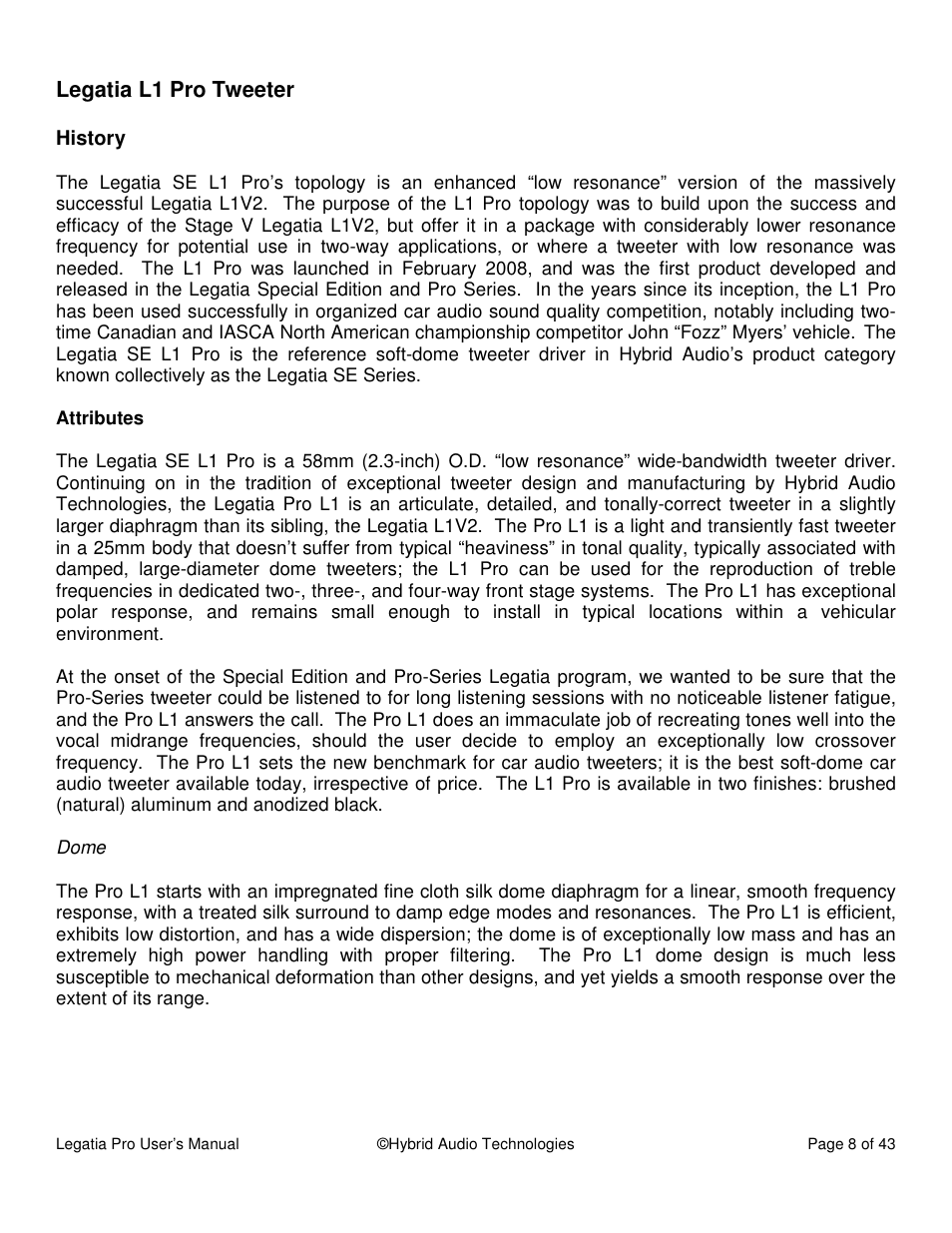 Legatia l1 pro tweeter | Hybrid Audio Technologies Legatia Pro User Manual | Page 8 / 42