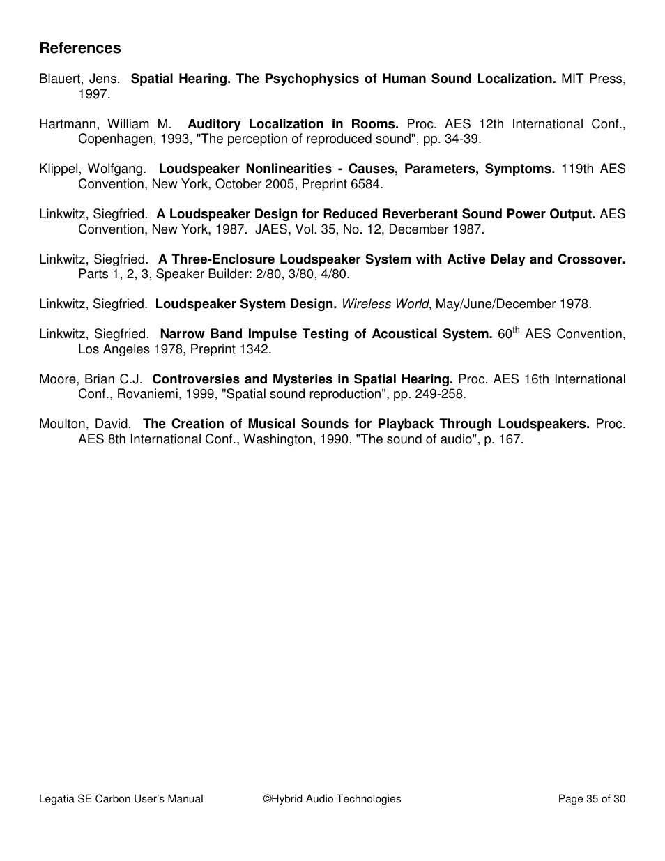 References | Hybrid Audio Technologies Legatia SE Carbon User Manual | Page 35 / 35