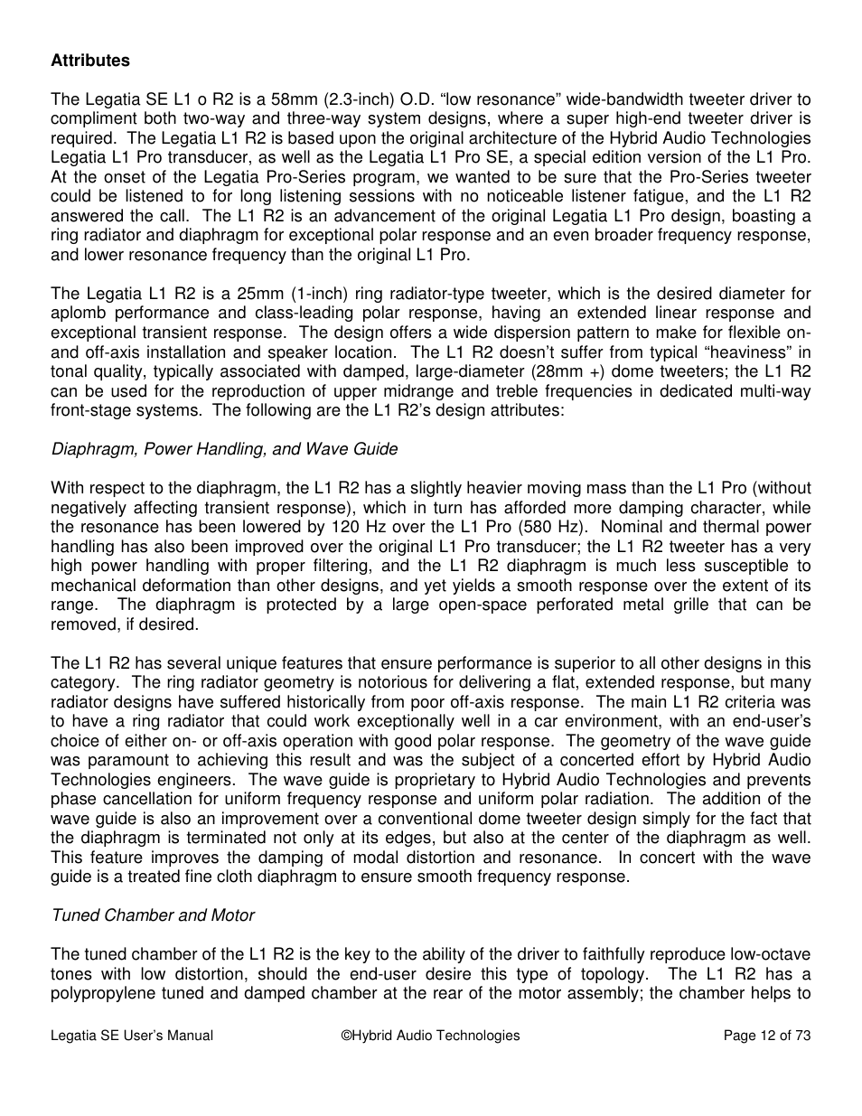 Hybrid Audio Technologies Legatia SE User Manual | Page 12 / 68