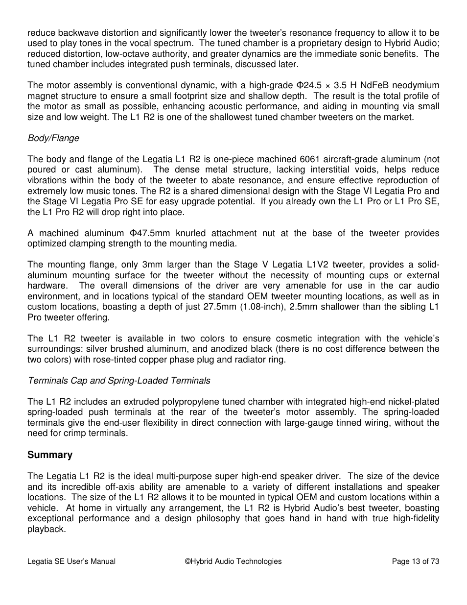 Hybrid Audio Technologies Legatia SE User Manual | Page 13 / 68