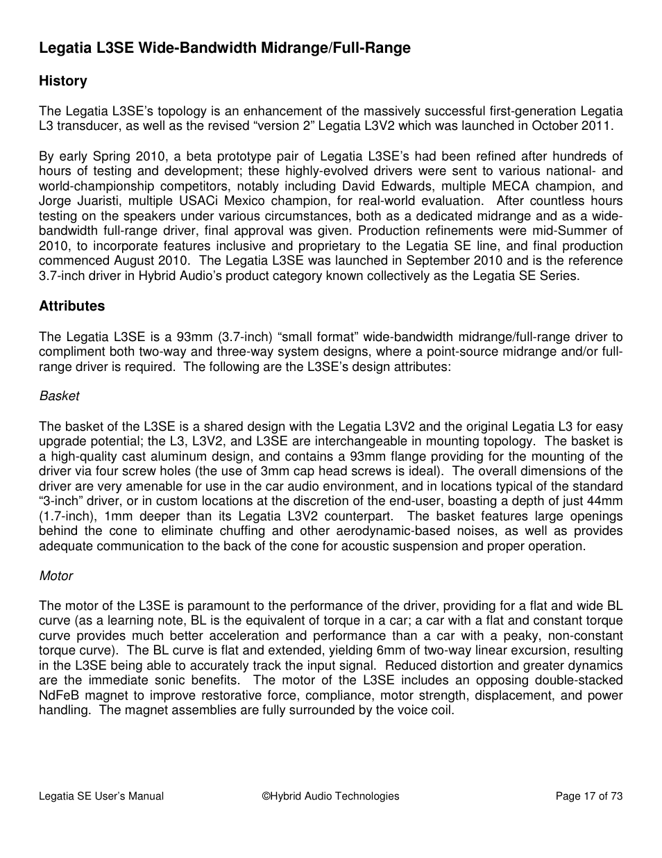 Legatia l3se wide-bandwidth midrange/full-range | Hybrid Audio Technologies Legatia SE User Manual | Page 17 / 68