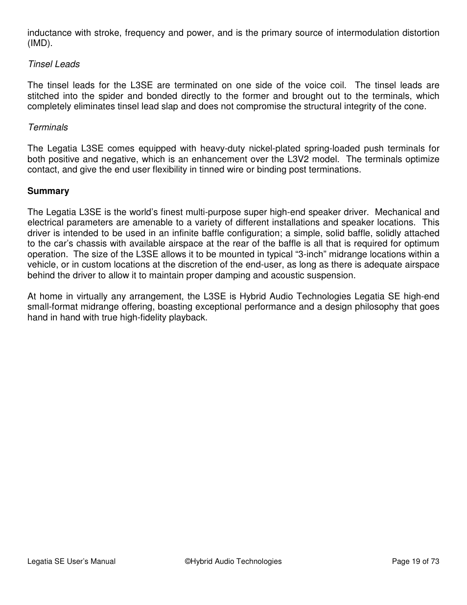 Hybrid Audio Technologies Legatia SE User Manual | Page 19 / 68