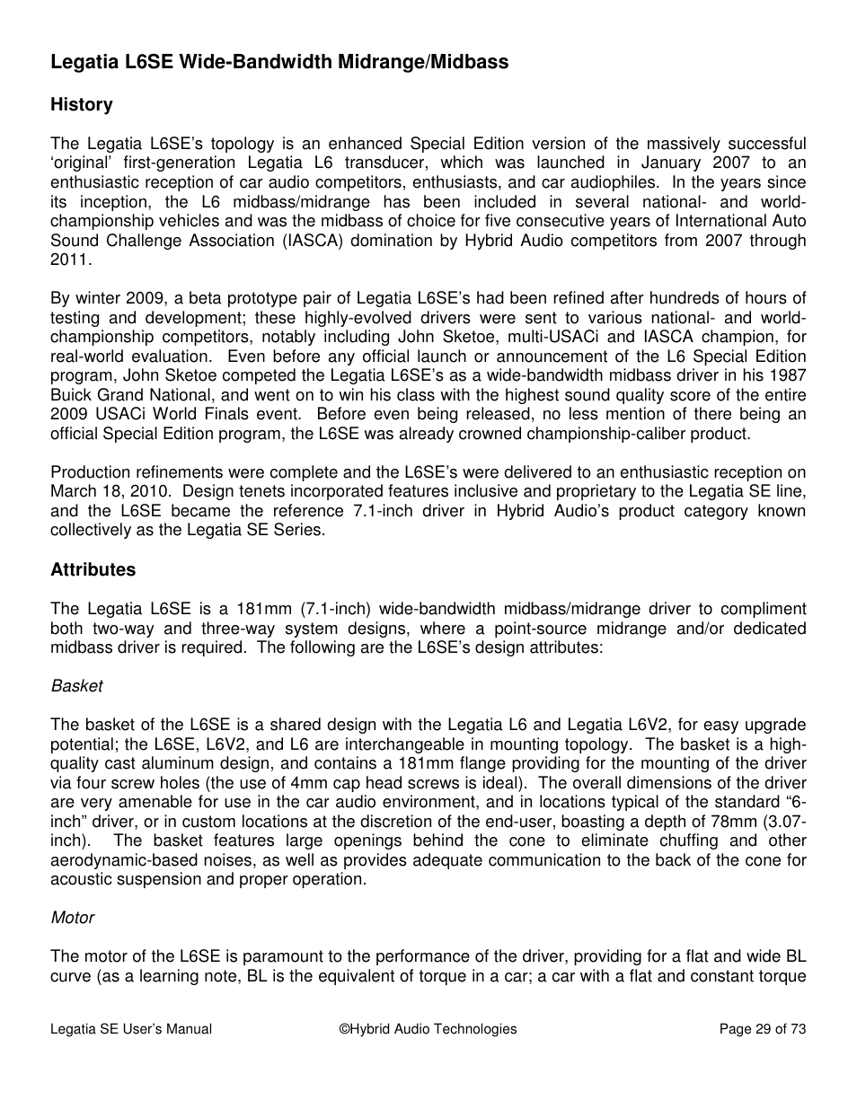 Legatia l6se wide-bandwidth midrange/midbass | Hybrid Audio Technologies Legatia SE User Manual | Page 29 / 68