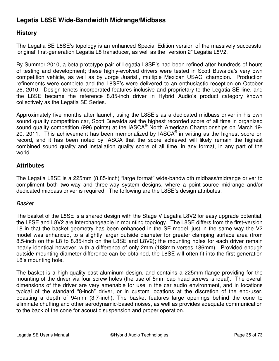 Legatia l8se wide-bandwidth midrange/midbass | Hybrid Audio Technologies Legatia SE User Manual | Page 35 / 68