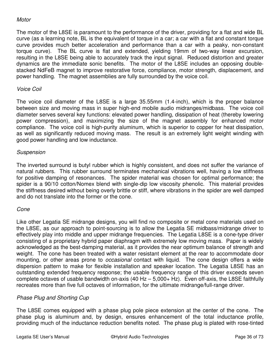 Hybrid Audio Technologies Legatia SE User Manual | Page 36 / 68