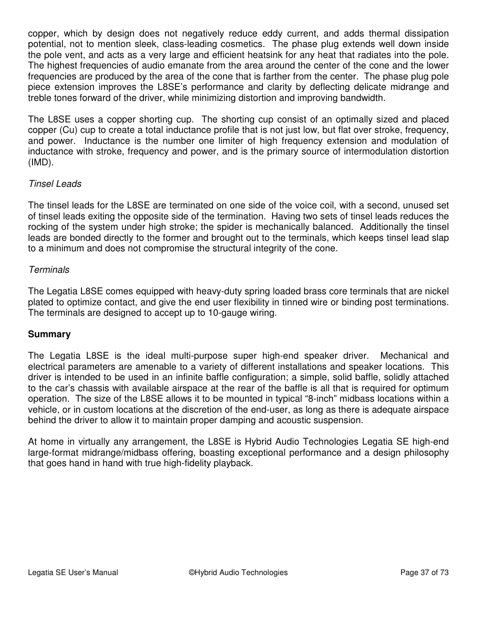 Hybrid Audio Technologies Legatia SE User Manual | Page 37 / 68