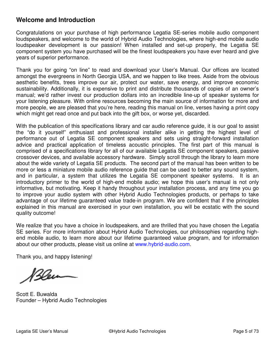 Welcome and introduction | Hybrid Audio Technologies Legatia SE User Manual | Page 5 / 68