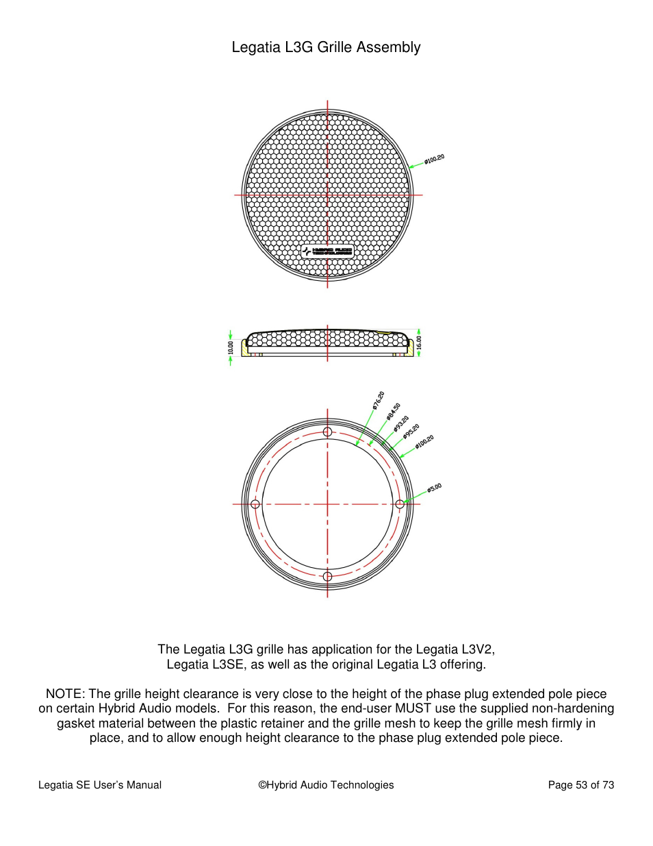 Legatia l3g grille assembly | Hybrid Audio Technologies Legatia SE User Manual | Page 53 / 68