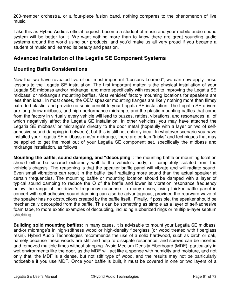 Hybrid Audio Technologies Legatia SE User Manual | Page 61 / 68