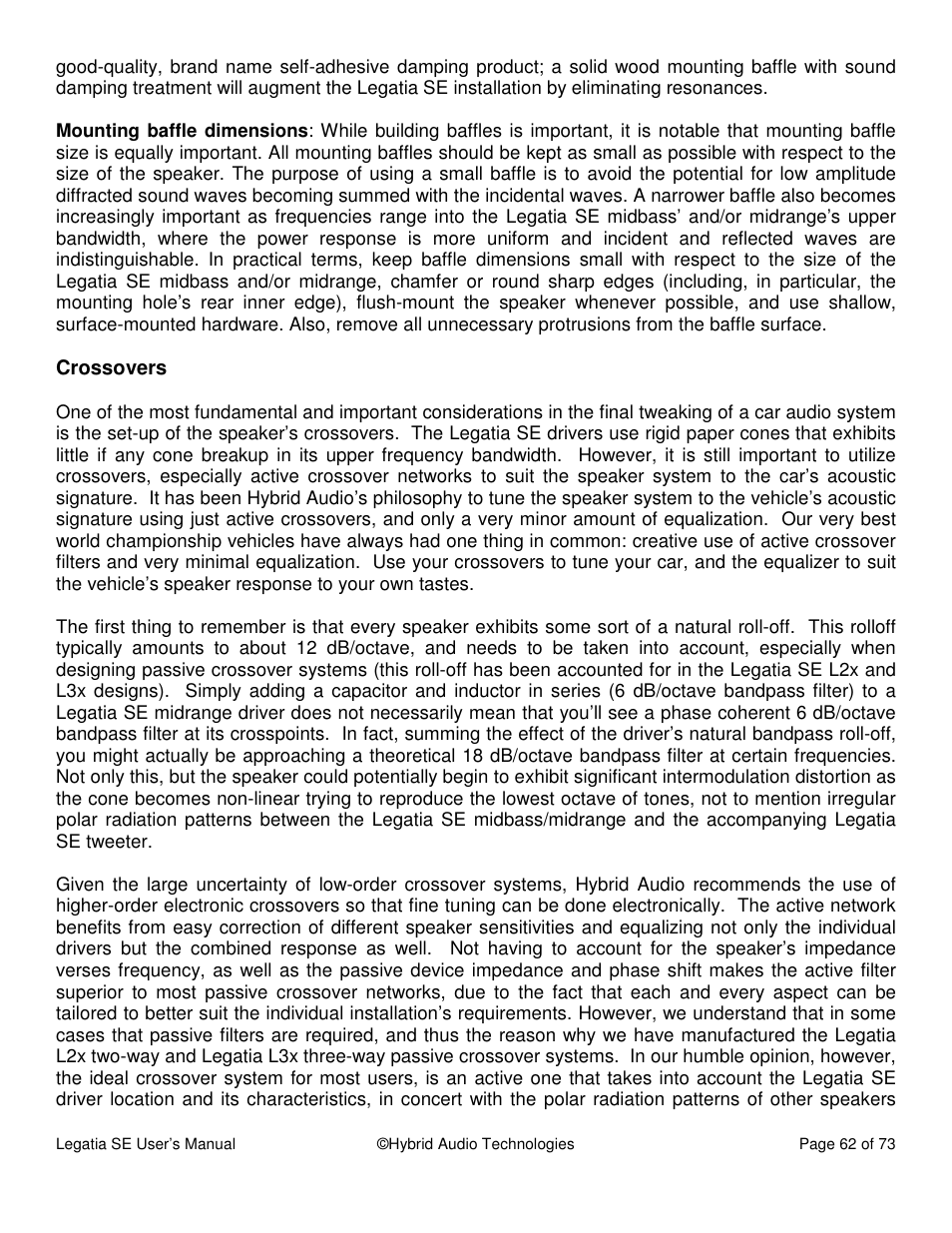 Hybrid Audio Technologies Legatia SE User Manual | Page 62 / 68