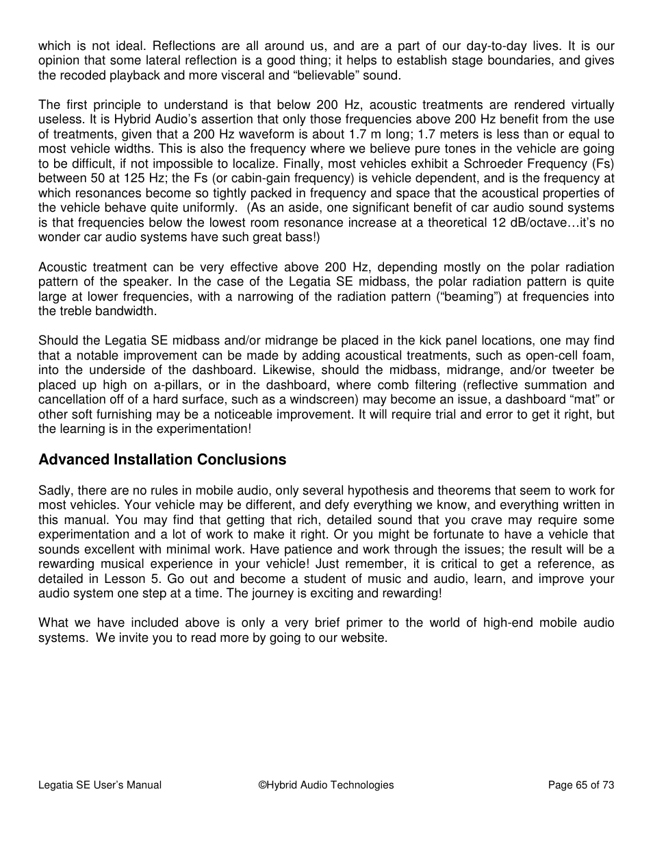 Advanced installation conclusions | Hybrid Audio Technologies Legatia SE User Manual | Page 65 / 68