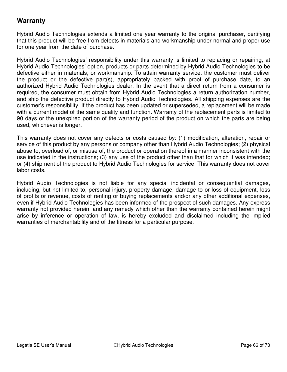 Warranty | Hybrid Audio Technologies Legatia SE User Manual | Page 66 / 68