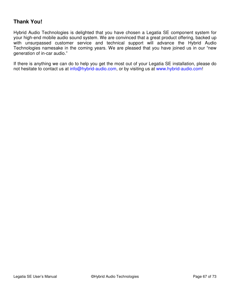 Hybrid Audio Technologies Legatia SE User Manual | Page 67 / 68