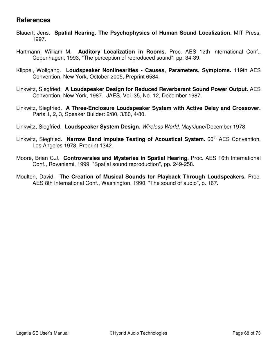 References | Hybrid Audio Technologies Legatia SE User Manual | Page 68 / 68