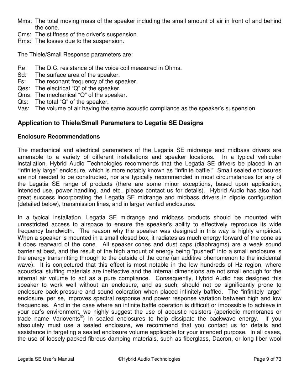 Hybrid Audio Technologies Legatia SE User Manual | Page 9 / 68