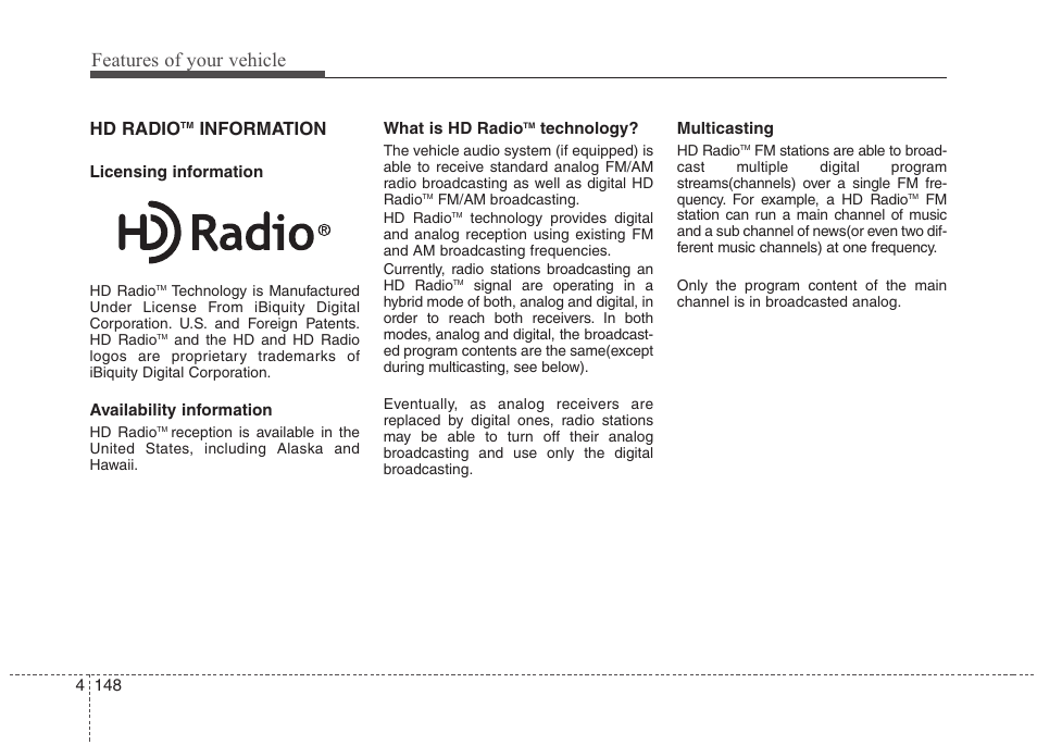Features of your vehicle, Hd radio, Information | Hyundai 2013 Genesis User Manual | Page 227 / 429