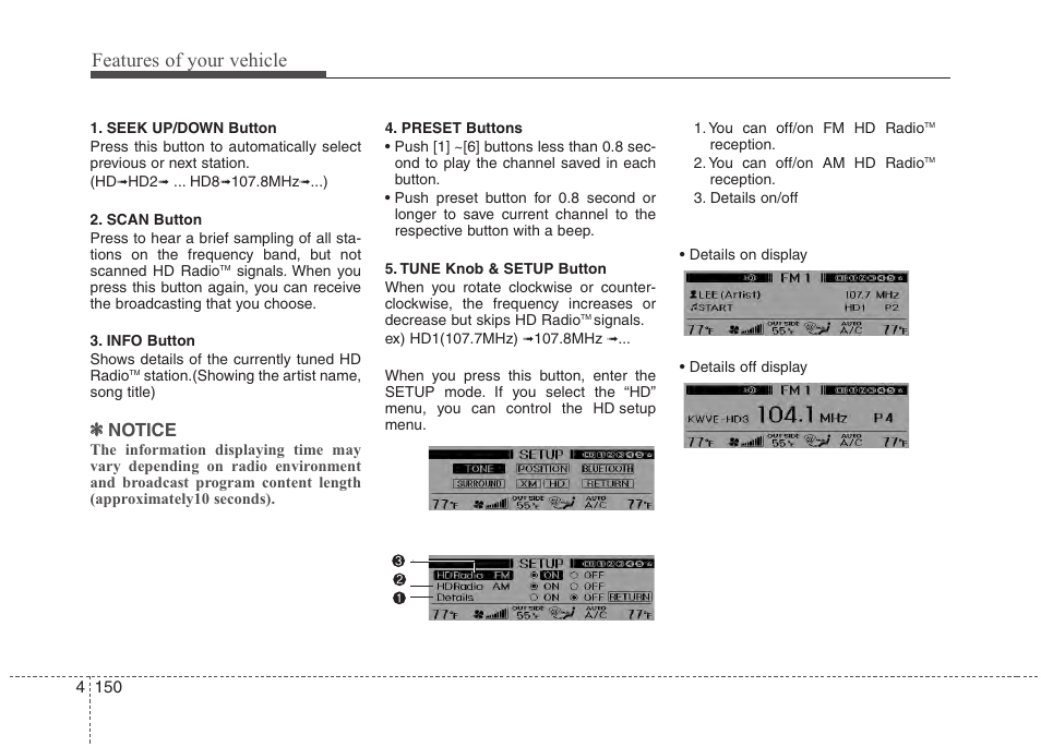 Features of your vehicle, Notice | Hyundai 2013 Genesis User Manual | Page 229 / 429