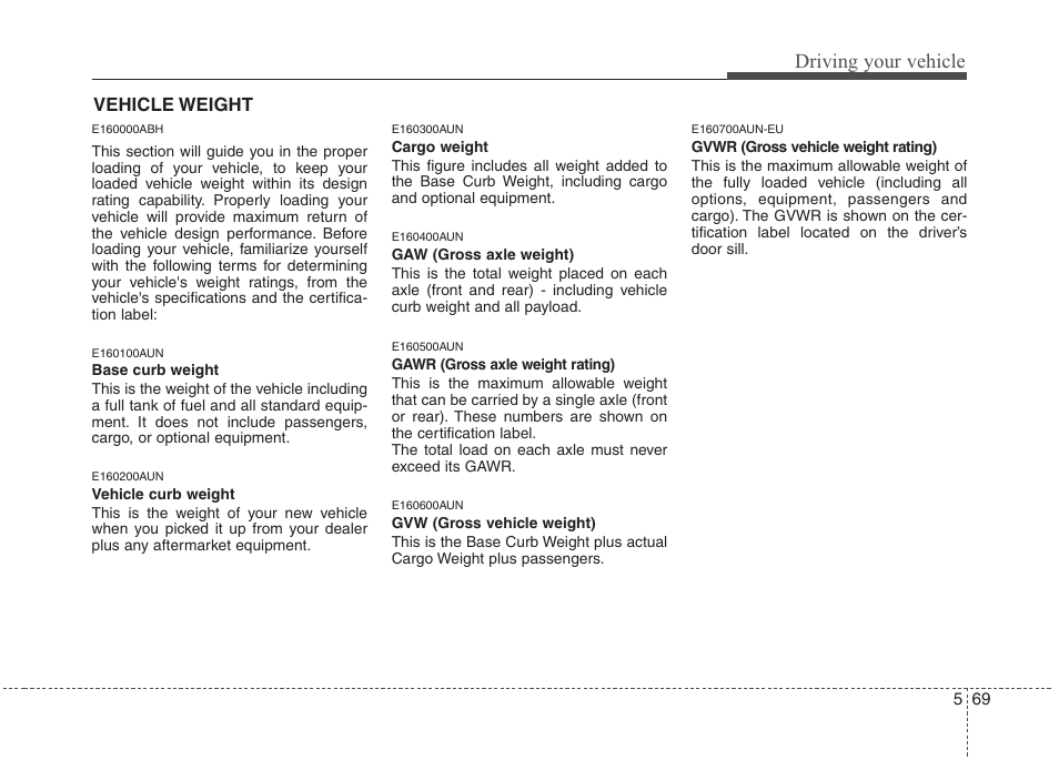 Driving your vehicle, Vehicle weight | Hyundai 2013 Genesis User Manual | Page 308 / 429