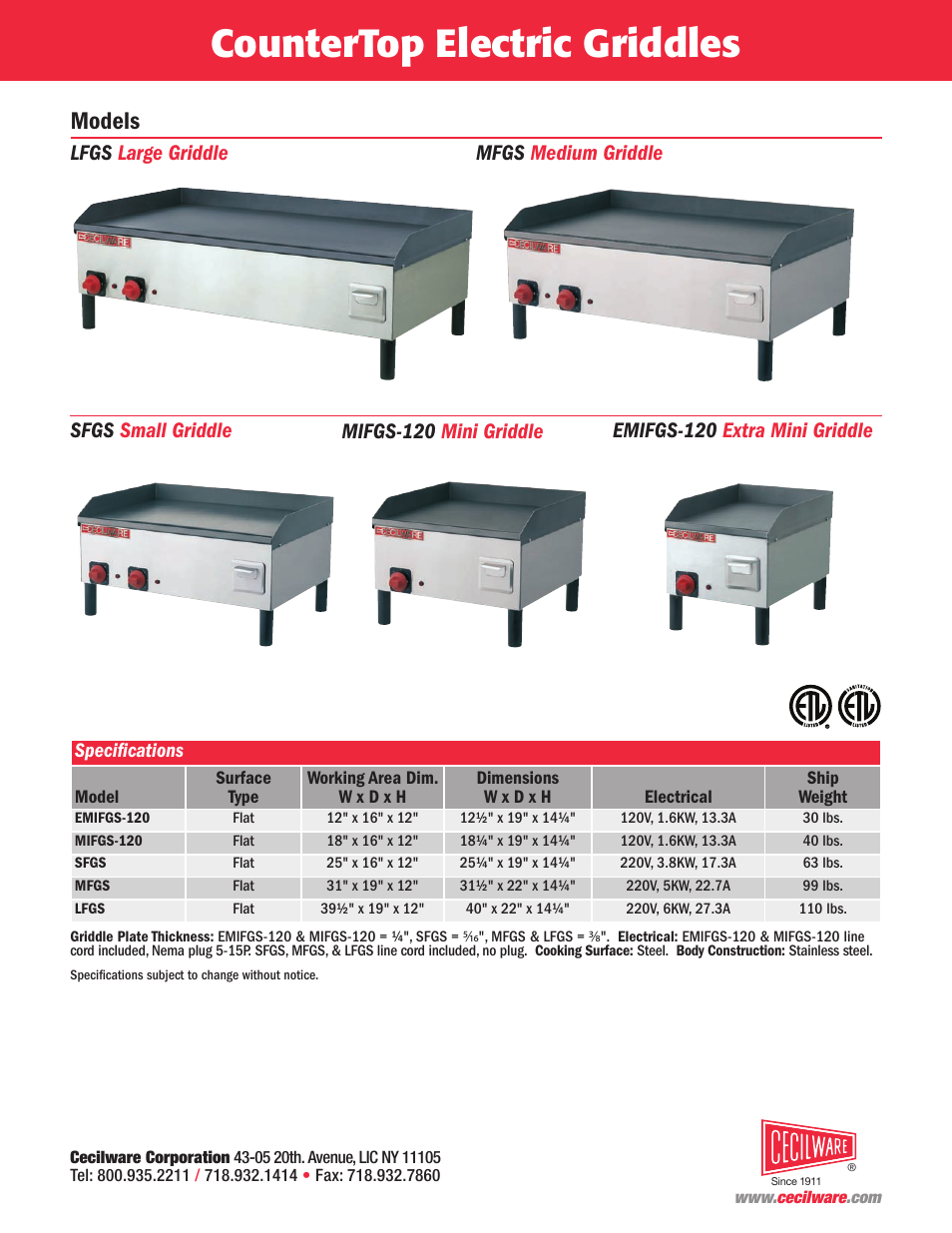 Countertop electric griddles, Models | Cecilware NQ98A User Manual | Page 2 / 2