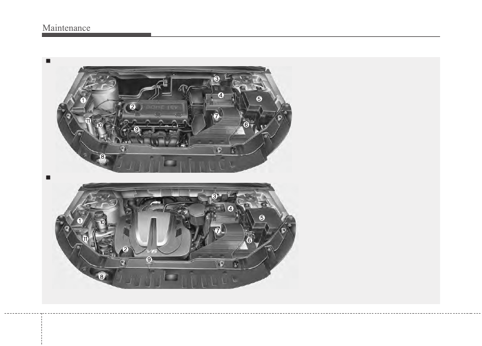 Maintenance, Engine compartment | Hyundai 2012 Santa Fe User Manual | Page 329 / 419