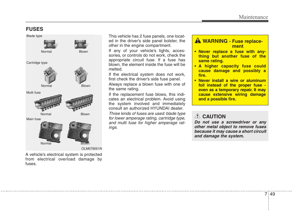 Maintenance, Fuses, Warning | Caution | Hyundai 2012 Elantra User Manual | Page 337 / 383