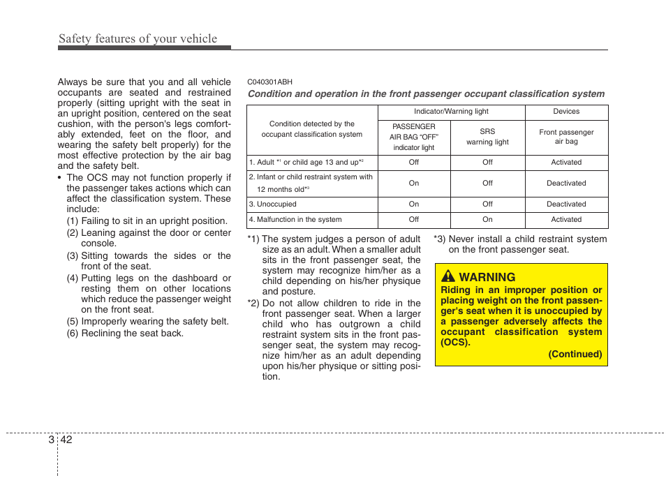 Safety features of your vehicle, Warning | Hyundai 2012 Elantra User Manual | Page 60 / 383