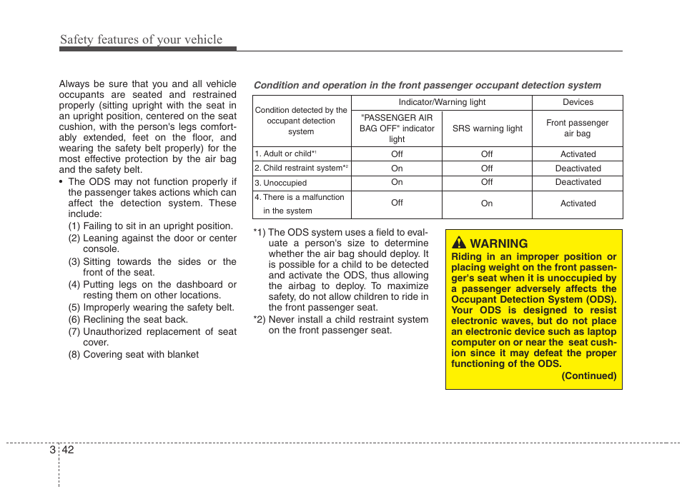 Safety features of your vehicle, Warning | Hyundai 2012 Accent User Manual | Page 60 / 370