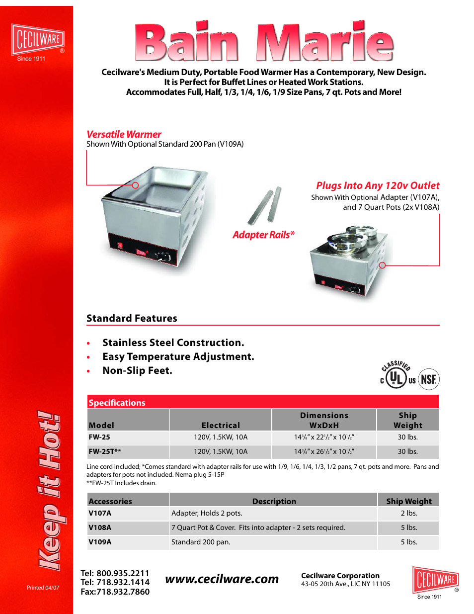 Cecilware BAIN MARIE V108A User Manual | 1 page