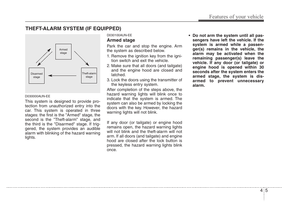 Features of your vehicle, Theft-alarm system (if equipped) | Hyundai 2010 Santa Fe User Manual | Page 84 / 408