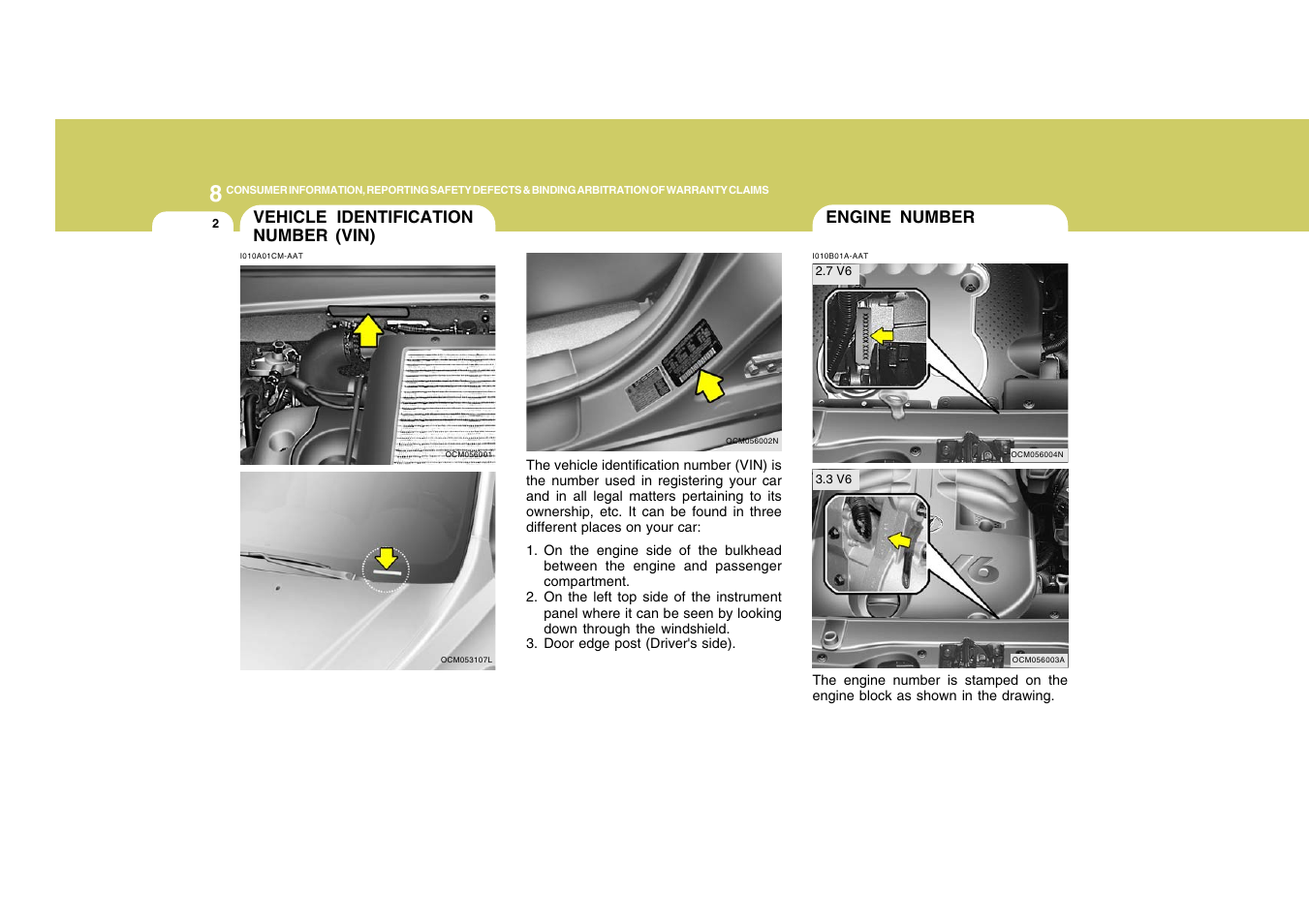 Engine number vehicle identification number (vin) | Hyundai 2008 Santa Fe User Manual | Page 327 / 355