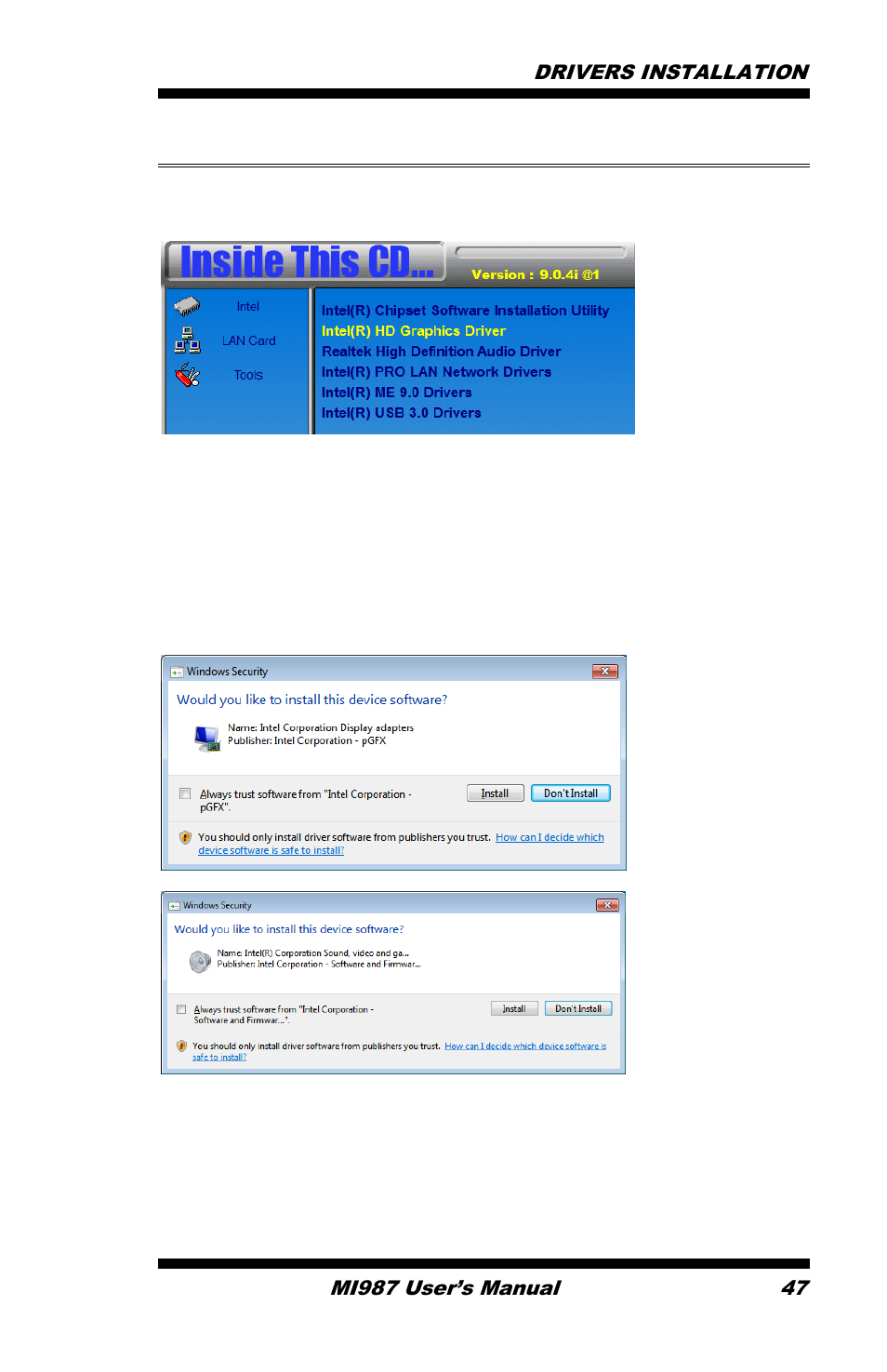 Vga drivers installation | IBASE MI987 User Manual | Page 51 / 68