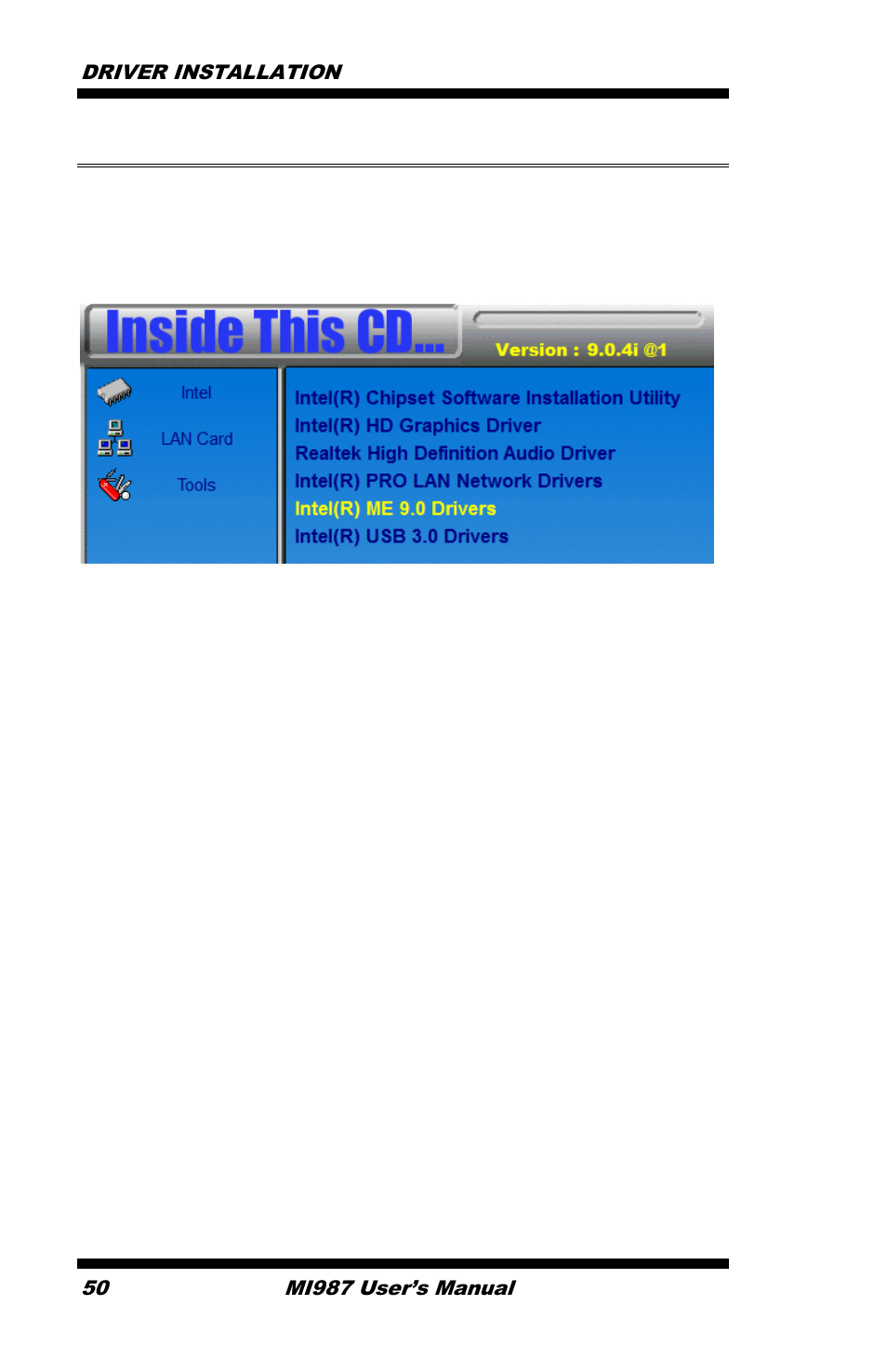 Intel® management engine interface, Driver installation 50, Mi987 user’s manual | IBASE MI987 User Manual | Page 54 / 68