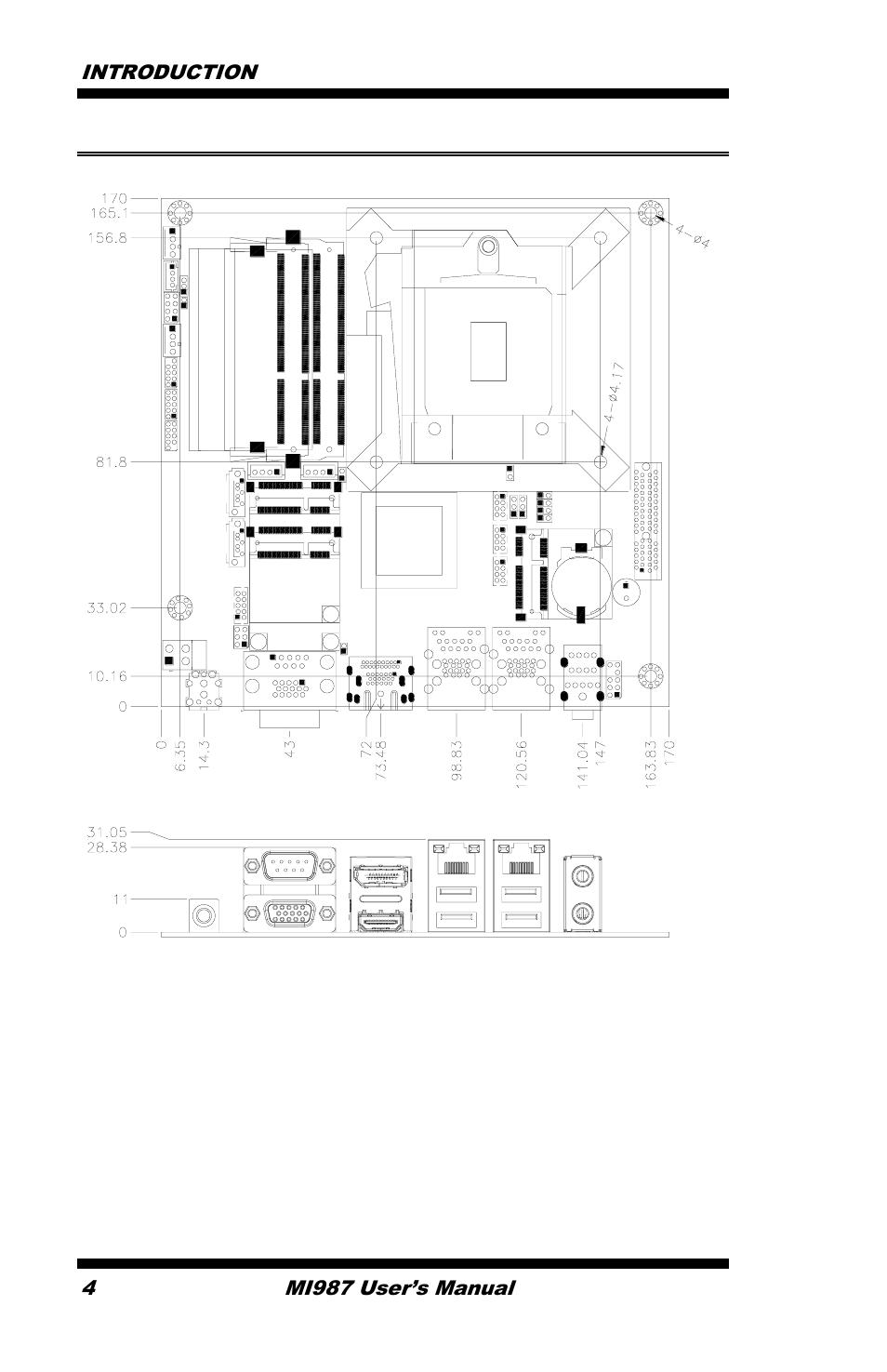 Board dimensions, Introduction 4, Mi987 user’s manual | IBASE MI987 User Manual | Page 8 / 68