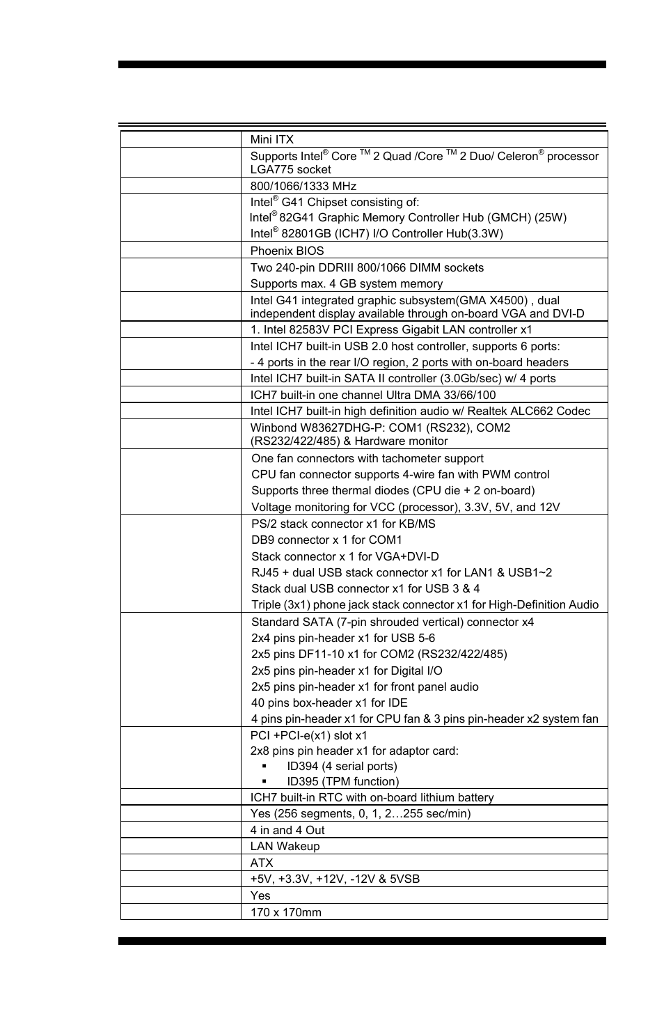 Specifications, Introduction mi941 user’s manual 3 | IBASE MI941 User Manual | Page 7 / 64