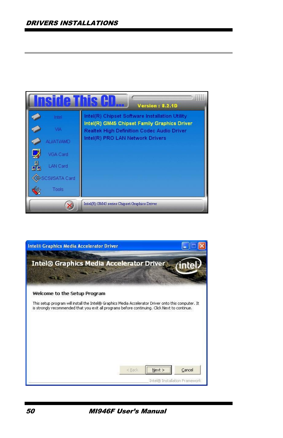 Vga drivers installation, Click intel(r) gm45 chipset family graphics driver | IBASE MI946 User Manual | Page 54 / 78