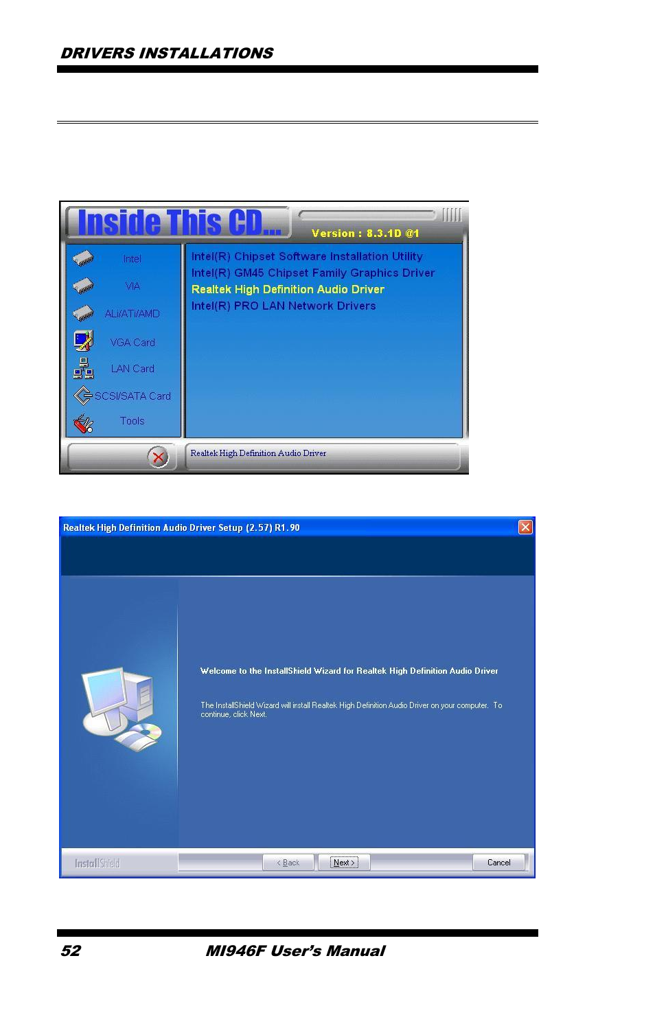 Realtek audio driver installation, Click realtek high definition audio driver, Drivers installations 52 | Mi946f user’s manual | IBASE MI946 User Manual | Page 56 / 78