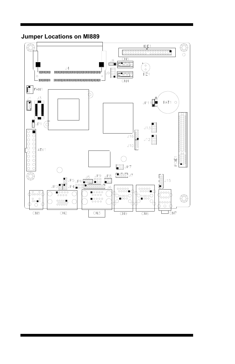 Jumper locations on mi889 | IBASE MI889 User Manual | Page 12 / 66