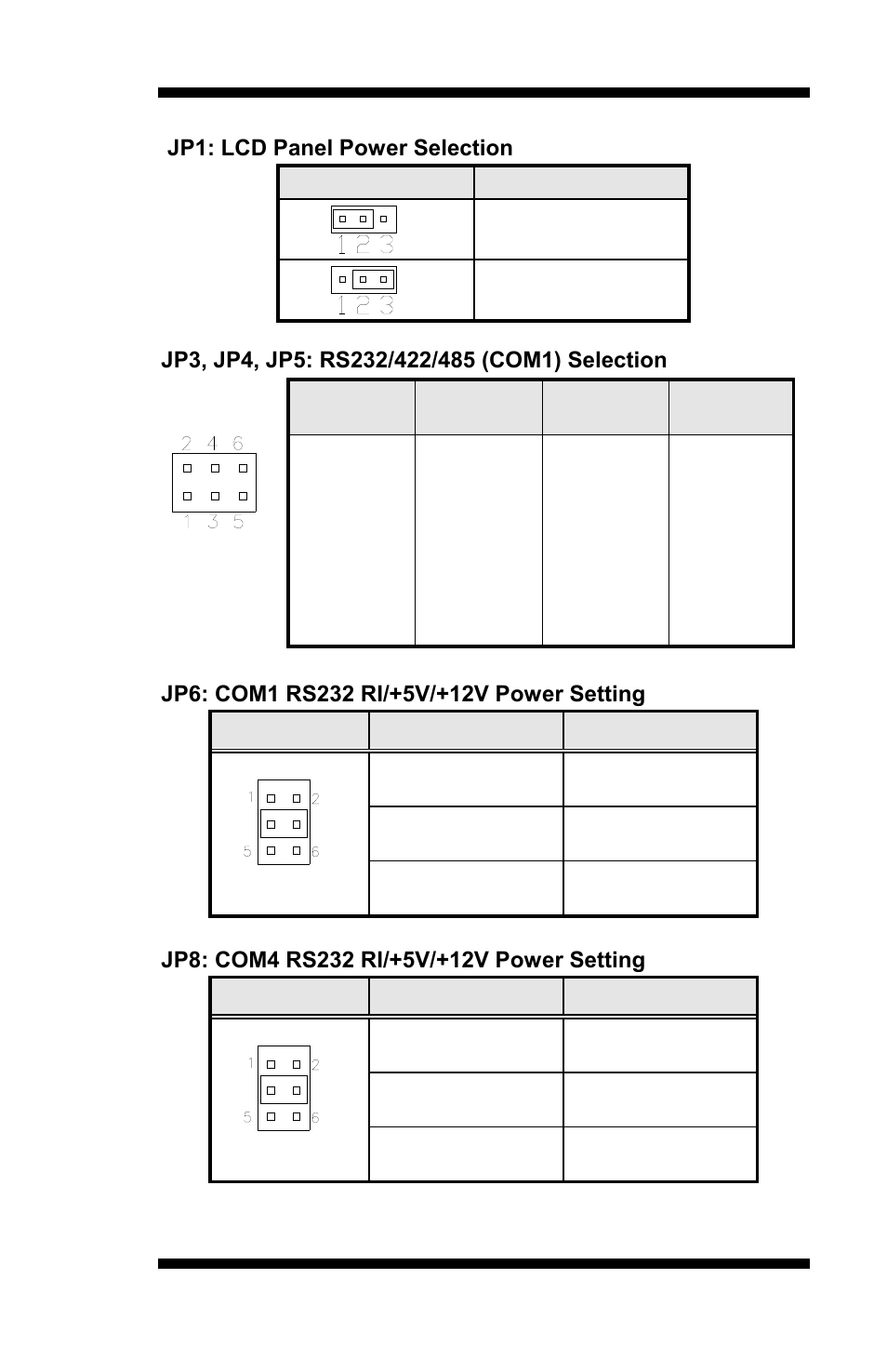 Jp1: lcd panel power selection, Jp3, jp4, jp5: rs232/422/485 (com1) selection, Jp6: com1 rs232 ri/+5v/+12v power setting | Jp8: com4 rs232 ri/+5v/+12v power setting | IBASE MI889 User Manual | Page 13 / 66