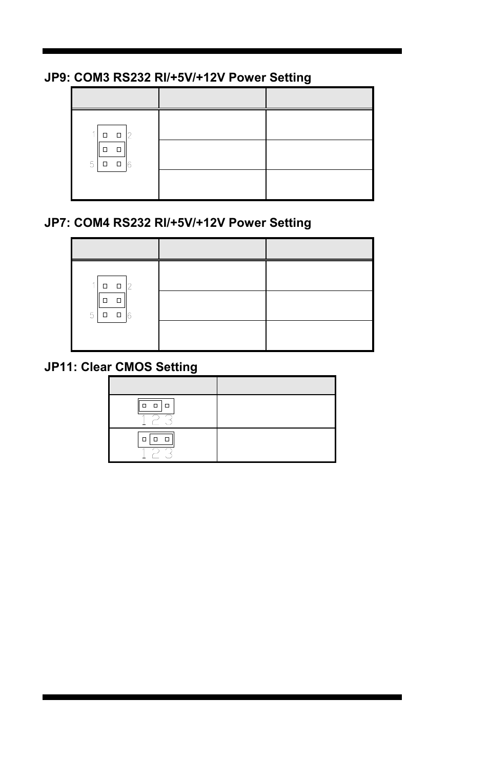 Jp9: com3 rs232 ri/+5v/+12v power setting, Jp7: com4 rs232 ri/+5v/+12v power setting, Jp11: clear cmos setting | Jp9 setting function, Pin 1-2 short/closed, 12v pin 3-4 short/closed, Ri pin 5-6 short/closed, Jp7 setting function, Jp11 setting, Normal | IBASE MI889 User Manual | Page 14 / 66