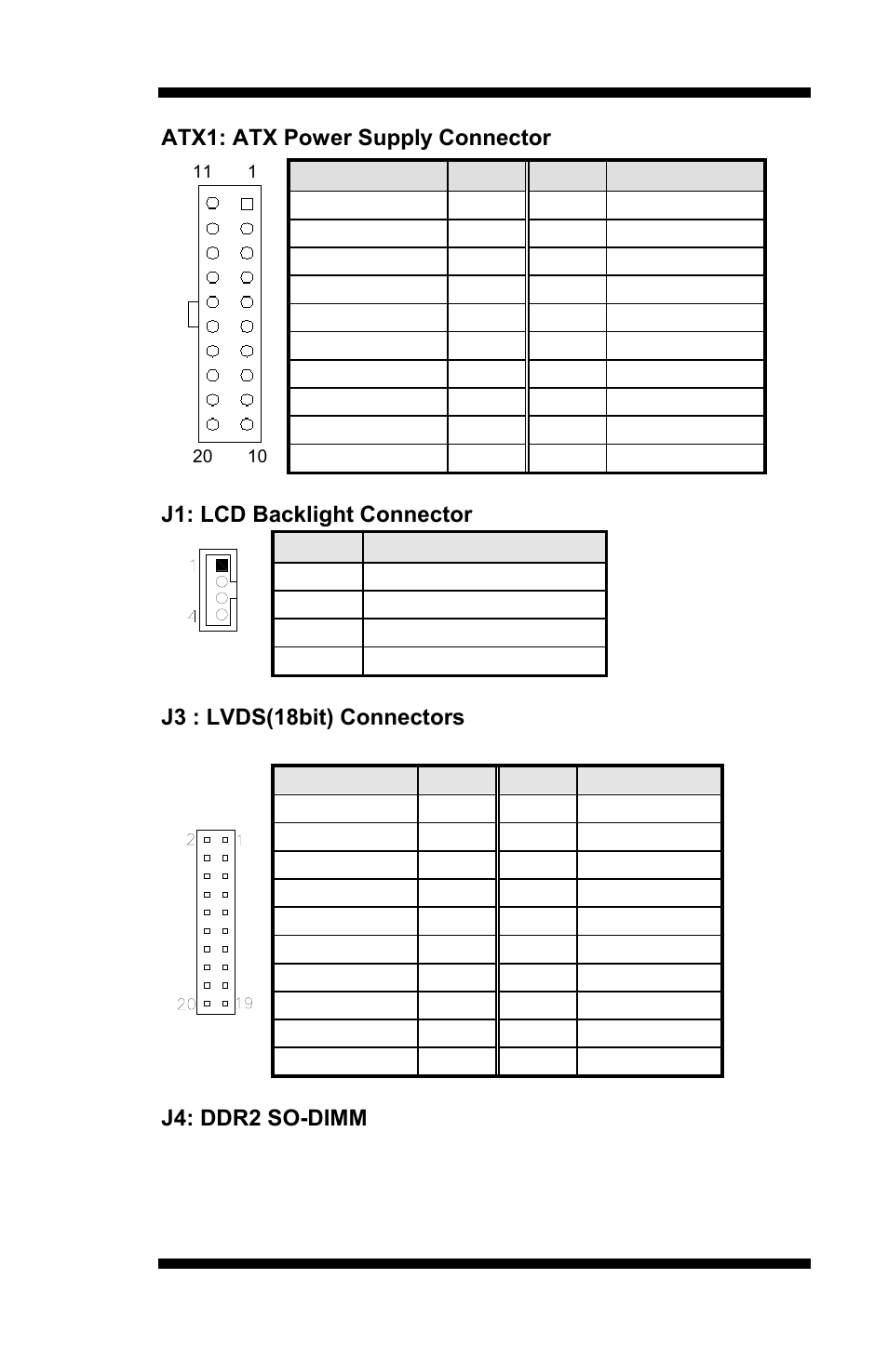 Atx1: atx power supply connector, J1: lcd backlight connector, J3 : lvds(18bit) connectors | J4: ddr2 so-dimm | IBASE MI889 User Manual | Page 19 / 66