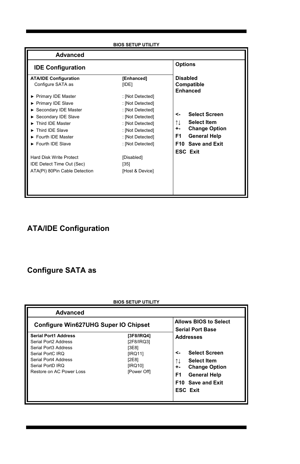 Ata/ide configuration, Configure sata as, Bios setup 26 | Mi889 user’s manual, 1) disabled. (2) compatible. (3) enhanced, 1) ide mode. (2) ahci mode | IBASE MI889 User Manual | Page 30 / 66