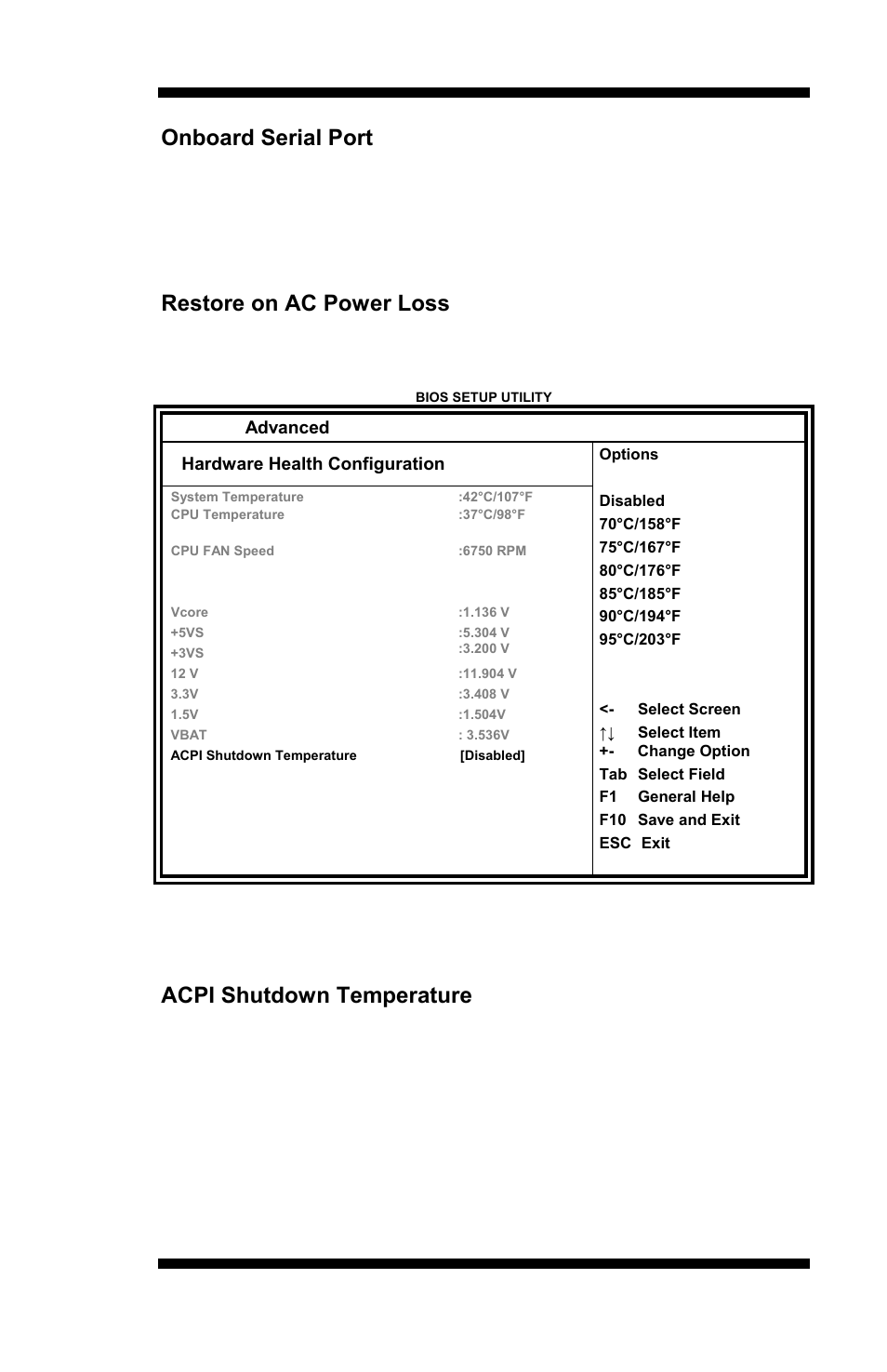 Onboard serial port, Restore on ac power loss, Acpi shutdown temperature | IBASE MI889 User Manual | Page 31 / 66