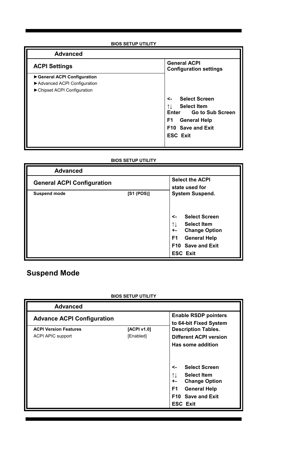 Suspend mode, Bios setup 28, Mi889 user’s manual | The options of this field are s1 , s3 and auto, Advanced, Acpi settings, General acpi configuration, Advance acpi configuration | IBASE MI889 User Manual | Page 32 / 66