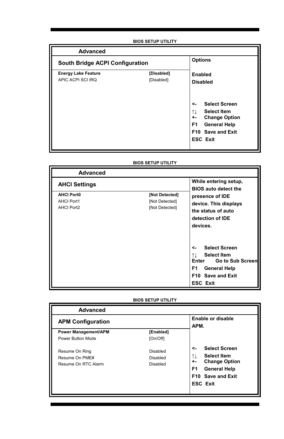 Advanced, South bridge acpi configuration, Ahci settings | Apm configuration | IBASE MI889 User Manual | Page 33 / 66