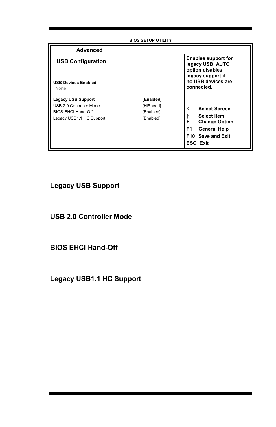 Legacy usb support, Usb 2.0 controller mode, Bios ehci hand-off | Legacy usb1.1 hc support, Support usb1.1 hc | IBASE MI889 User Manual | Page 35 / 66