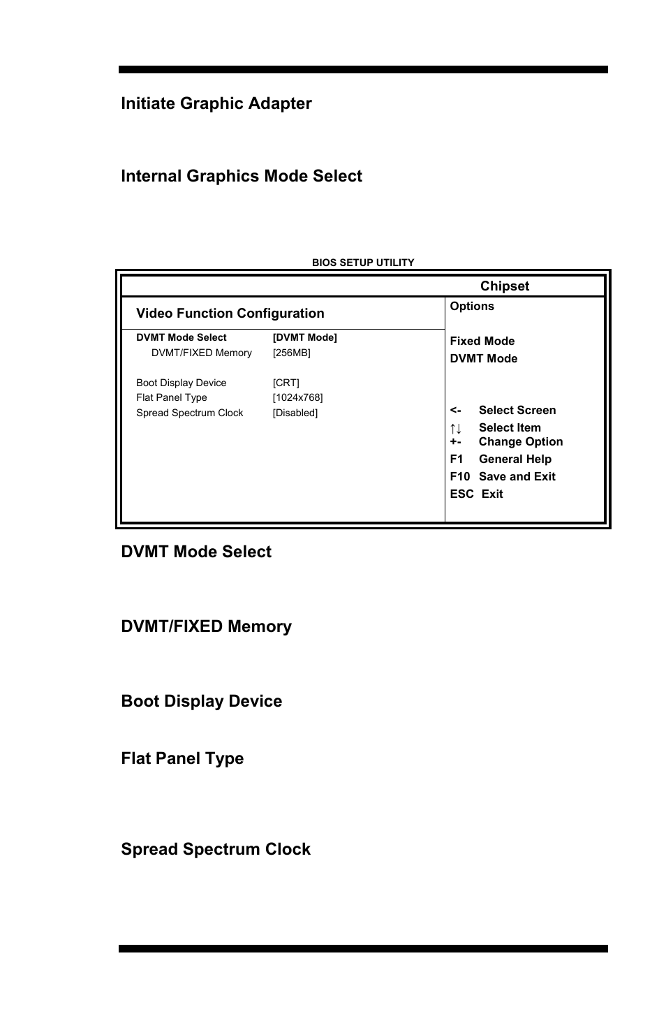 Initiate graphic adapter, Internal graphics mode select, Dvmt mode select | Boot display device, Flat panel type, Spread spectrum clock | IBASE MI889 User Manual | Page 41 / 66